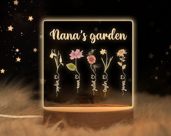 Personalized Grandma Night Light, Custom Kid's Name Floral Acrylic Night Light, Nana's Garden Room Decor, Mother's Day Gift for Grandma, Mom