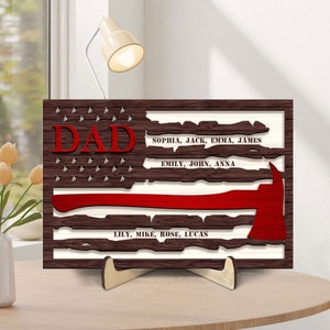 Personalized Dad Wooden Plaque, Custom Kid's Names Wooden Sign, Firefighter Papa Wood Sign, Thin Red Line Sign, Father's Day Gift for Dad