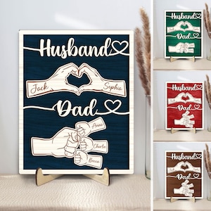 Placa de madera personalizada para papá, letrero de madera personalizado con el nombre del niño, letrero de madera con el saludo de puño para el esposo, regalo del Día del Padre para papá, esposo, él