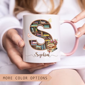 Personalized Bookshelf Alphabet Mug, Custom Initial Letter Coffee Mug, Birthday Gift for Book Lover, Bookworm, Gift for Her, Librarian