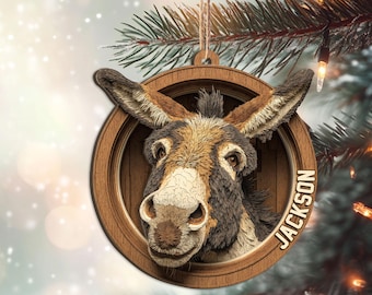 Personalized Donkey Layered Wood Ornament, Custom Donkey Christmas Tree Ornament, Farm Christmas Home Decor, Gift for Donkey Lover, Farmer