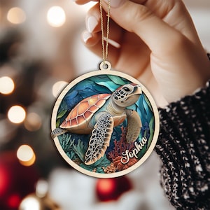 Personalized Turtle Layered Wood Ornament, Custom Turtle Christmas Tree Ornament, Ocean Christmas Home Decor, Turtle Lover Gift for Her, Mom