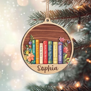 Personalized Bookshelf Layered Wood Ornament, Custom Book Christmas Tree Ornament, Book Christmas Home Decor, Gift for Book Lover, Bookworm