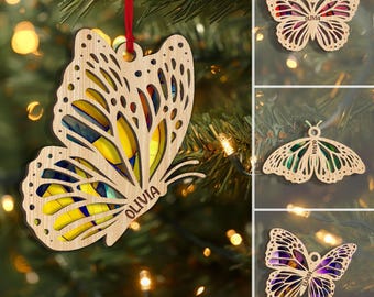 Personalized Butterfly Layered Wood Ornament, Custom Name Butterfly Christmas Tree Ornament, Butterfly Christmas Home Decor, Butterfly Gifts