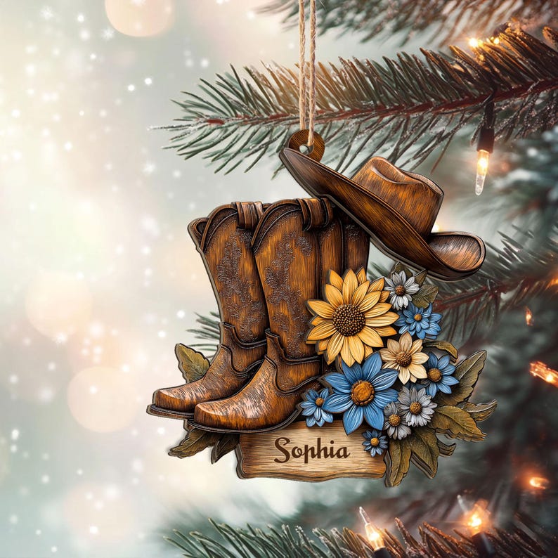 Personalized Cowgirl Layered Wood Ornament, Custom Western Boot & Hat ...