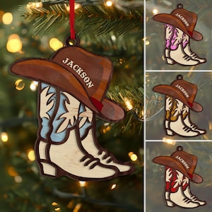 Personalized Cowboy Layered Wood Ornament, Custom Cowboy Boot Christmas Tree Ornament, Cowgirl Ornament, Xmas Gift for Husband, Dad, Son