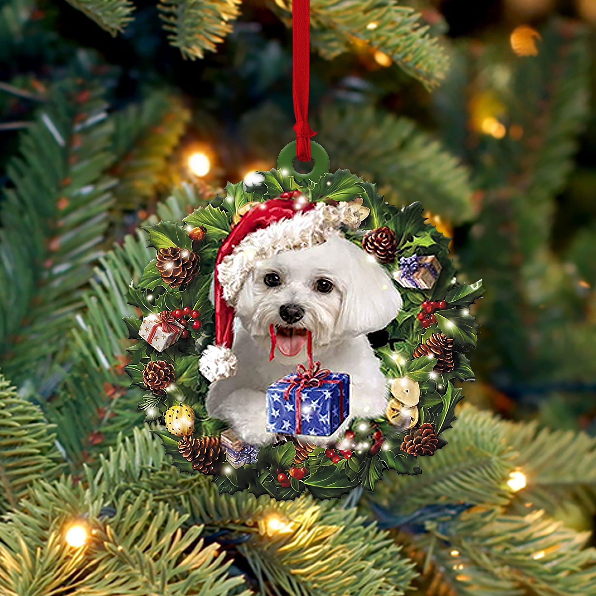 Maltese 2D Flat Christmas Ornament, Christmas Maltese Dog Rearview