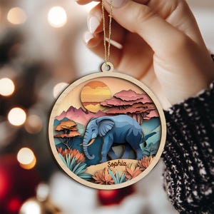 Personalized Elephant Layered Wood Ornament, Custom Name Elephant Christmas Tree Ornament, Elephant Christmas Home Decor, Xmas Elephant Gift