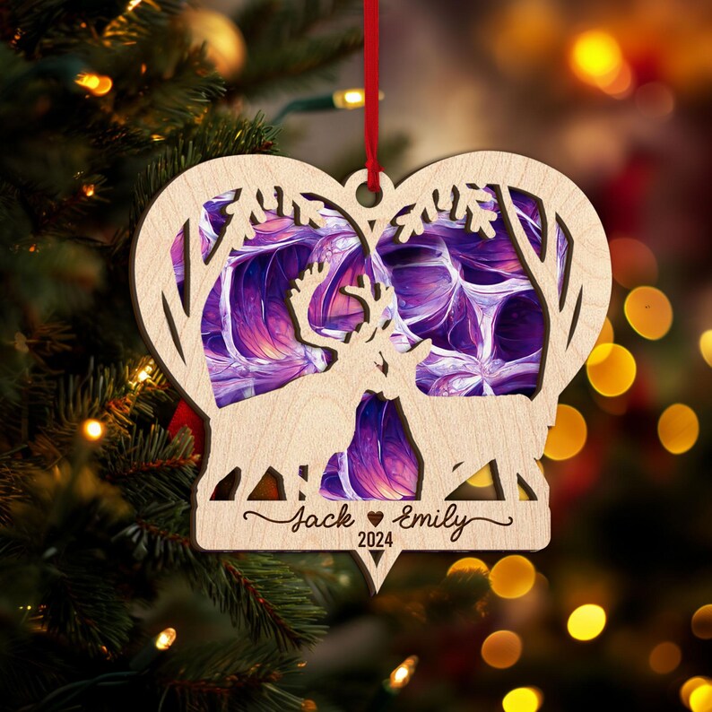 Personalized Deer Couple Layered Wood Ornament, Custom Couple Ornament