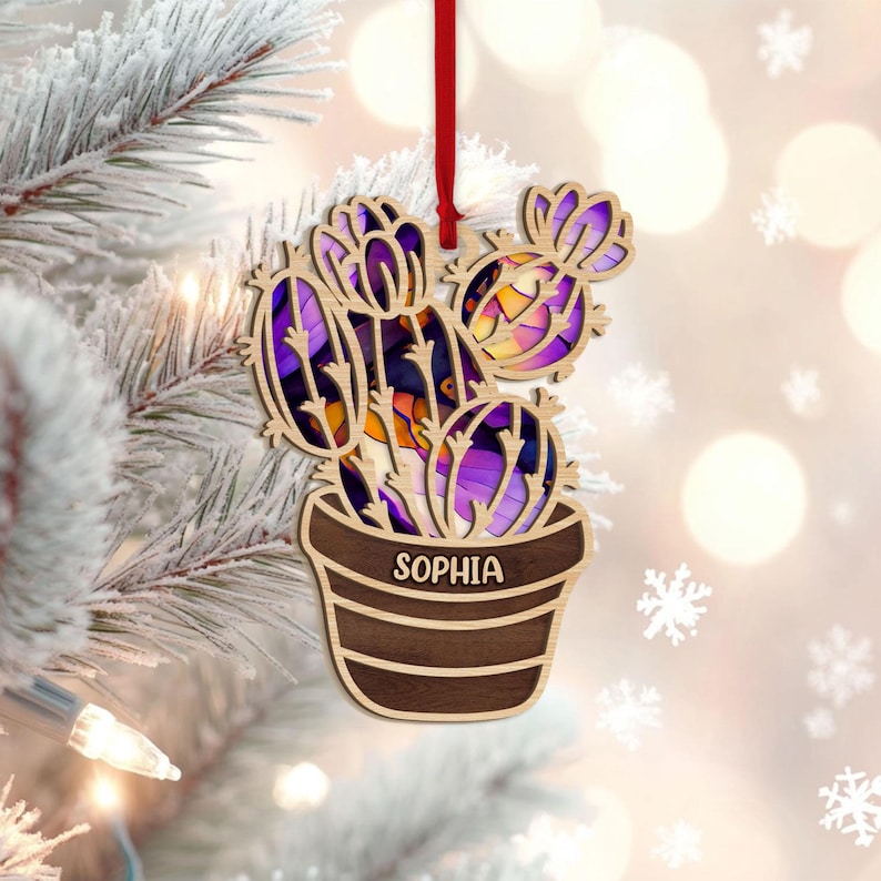 Personalized Cactus Layered Wood Ornament, Custom Cactus Christmas Tree