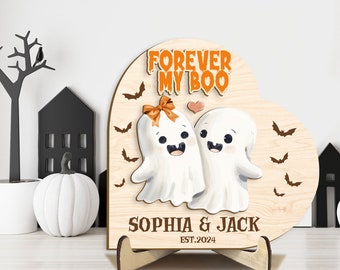 Personalized Halloween Couple Wooden Plaque, Custom Name Wooden Sign, Forever My Boo Wood Sign, Ghost Couple Sign, Halloween Gift for Couple
