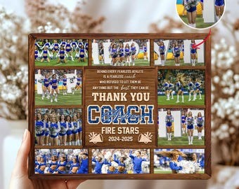 May include: A collage of cheerleaders in blue and white uniforms with pom-poms, with the text "Thank You Coach Anderson Fire Stars 2024-2025" in blue glitter letters.