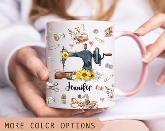 Personalized Sewing Mug, Custom Name Sewing Coffee Mug, Knitting Mug, Vintage Sewing Mug, Sewing Gift for Mom, Grandma, Wife, Sewing Lover