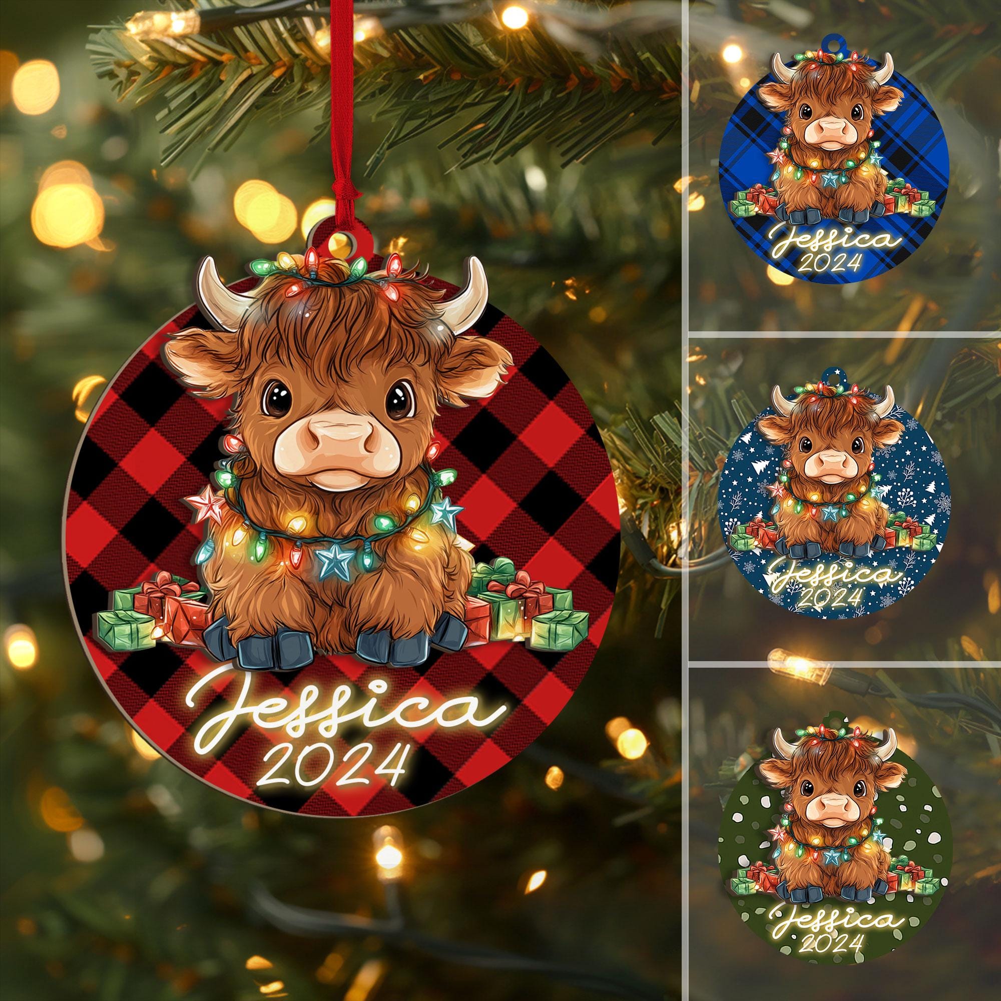 Personalized Highland Cow Layered Wood Ornament, Custom Cow Christmas Tree Ornament, Cow Christmas Home Decor, Highland Cow Gift for Girl