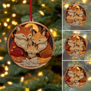 Personalized Fox Family Layered Wood Ornament, Custom Name Christmas Tree Ornament, Woodland Fox Christmas Home Decor, Gift for Family
