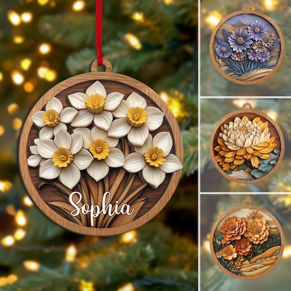 Personalized Birth Month Flower Layered Wood Ornament, Custom Name Floral Christmas Tree Ornament,  Christmas Decor, Gift for Her, Mom, Wife
