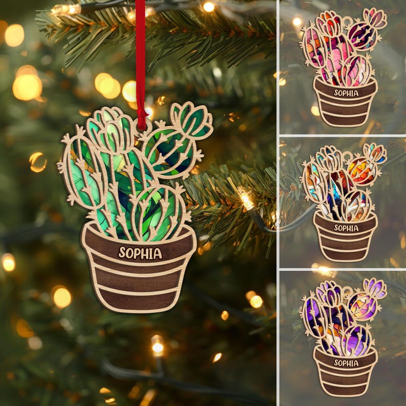 Personalized Cactus Layered Wood Ornament, Custom Cactus Christmas Tree