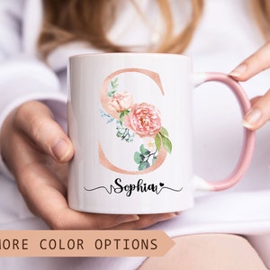 Personalized Watercolor Flowers Alphabet Mug, Custom Name Initial Letter Coffee Mug, Unique Birthday Gift for Women, Gift for Her, Coworker