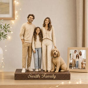 May include: A custom family figurine set featuring three figures and a dog standing on a rectangular wooden base with the engraved text Smith Family. The figures are dressed in neutral-toned clothing, and a framed photograph of the family is included.