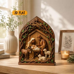 May include: A decorative nativity scene plaque featuring a brown wooden arch frame with green leaves and a star at the top. The center displays a carved relief of a family with a baby in a manger, a donkey, and two sheep. The name Jackson is inscribed.
