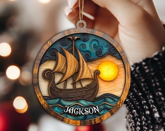 Personalized Viking Longboat Layered Wood Ornament, Custom Viking Christmas Tree Ornament, Viking Christmas Home Decor, Gift for Dad, Son