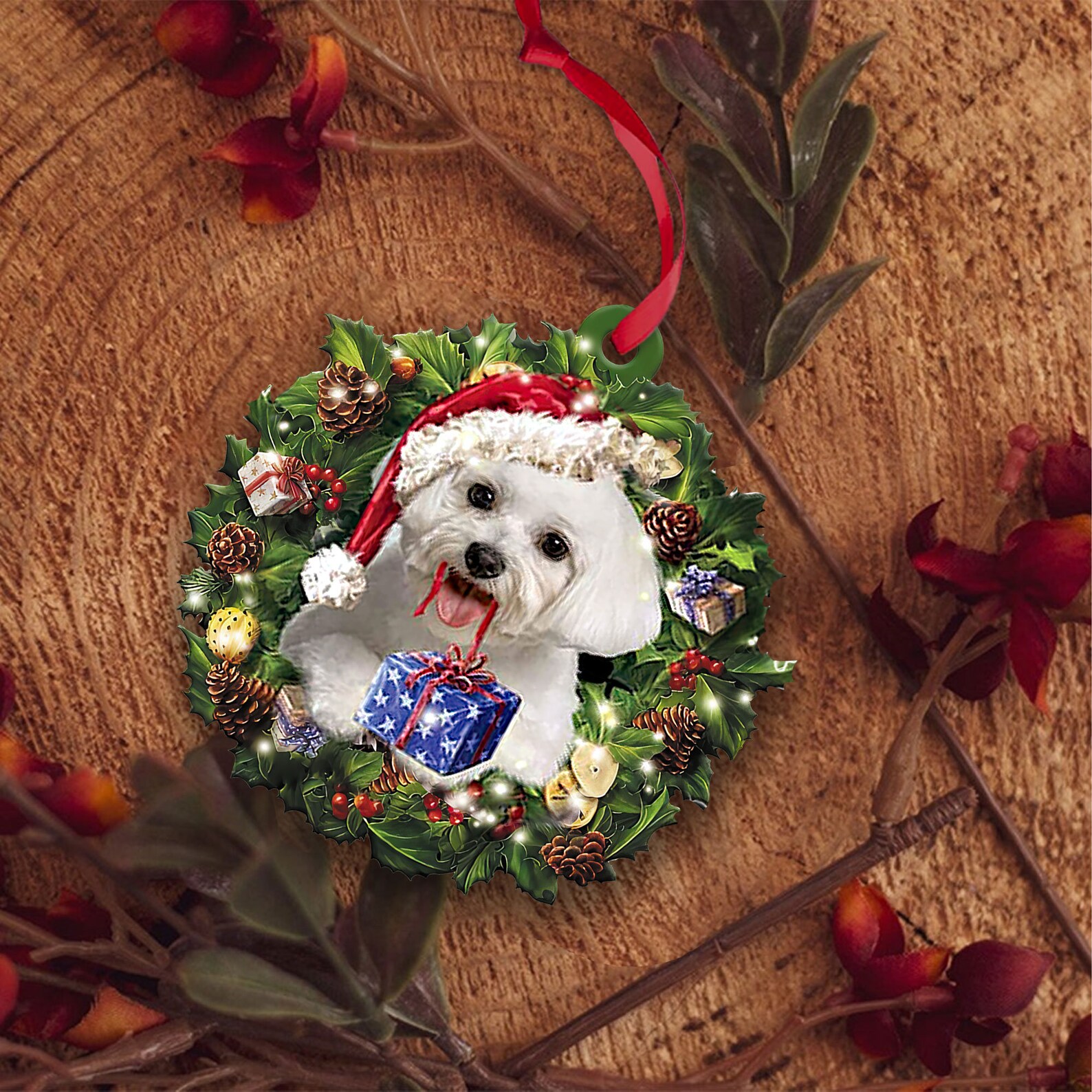 Maltese 2D Flat Christmas Ornament, Christmas Maltese Dog Rearview