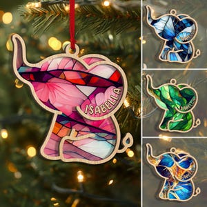 Adorno de madera en capas con forma de elefante personalizado, adorno de árbol de Navidad con forma de elefante con nombre personalizado, decoración navideña para el hogar con forma de elefante, regalo de elefante