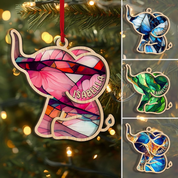 Adorno de madera en capas con forma de elefante personalizado, adorno de árbol de Navidad con forma de elefante con nombre personalizado, decoración navideña para el hogar con forma de elefante, regalo de elefante