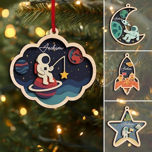 Personalized Astronaut Layered Wood Ornament, Custom Space Christmas Tree Ornament, Christmas Home Decor, Xmas Gift for Kids, Space Lovers