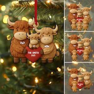 Personalized Highland Cow Family Layered Wood Ornament, Custom Family Name Christmas Tree Ornament, Farm Animal Home Decor, Gift for Family