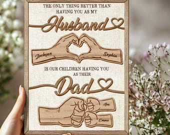 Personalized Dad Wooden Plaque, Custom Kid's Name Wooden Sign, Fist Bump Husband Wood Sign, Father's Day Gift For Dad, Husband, Him