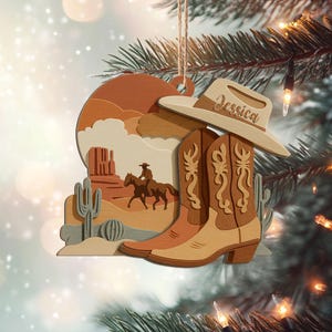 Personalized Cowboy Layered Wood Ornament, Custom Cowboy Boot & Hat Christmas Tree Ornament, Cowgirl Ornament, Gift for Cowboy, Western Gift