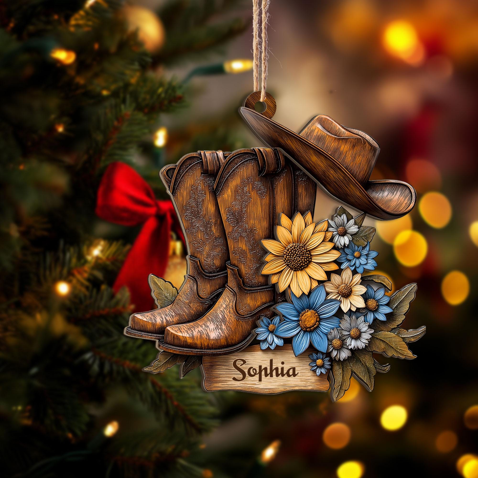 Personalized Cowgirl Layered Wood Ornament, Custom Western Boot & Hat ...