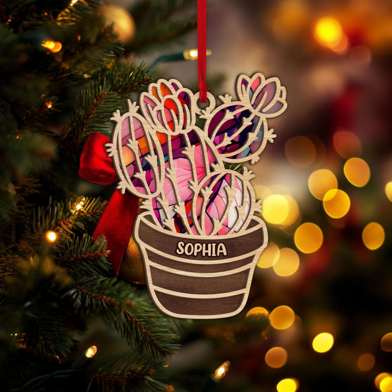 Personalized Cactus Layered Wood Ornament, Custom Cactus Christmas Tree