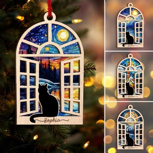 Personalized Cat Layered Wood Ornament, Custom Black Cat Christmas Tree Ornament, Black Cat Xmas Home Decor, Gift for Cat Lover, Cat Mom