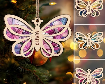 Personalized Butterfly Layered Wood Ornament, Custom Name Butterfly Christmas Tree Ornament, Butterfly Christmas Home Decor, Butterfly Gifts
