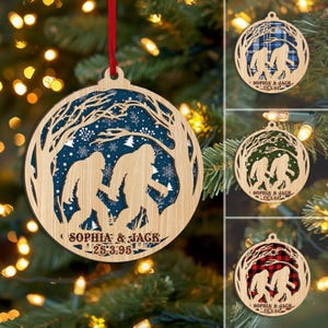 Personalized Bigfoot Couple Layered Wood Ornament, Custom Bigfoot Christmas Tree Ornament, Sasquatch Christmas Home Decor, Gift for Couple