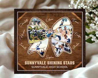 May include: Wooden framed photo collage featuring a bow-shaped design with multiple photos of cheerleaders. The text "Sunnyvale Shining Stars" and "Sunnyvale High School" are displayed at the bottom. Names are written around the bow.