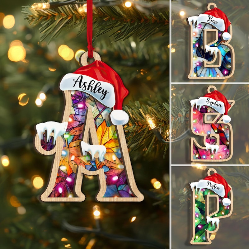 Personalized Letter Name Layered Wood Ornament, Custom Initial Name Christmas Tree Ornament, Monogram Christmas Home Decor, Gift for Family
