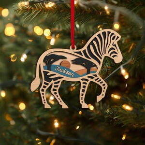Personalized Zebra Layered Wood Ornament, Custom Zebra Christmas Tree Ornament, Safari Christmas Home Decor, Safari Ornament, Gift for Kids