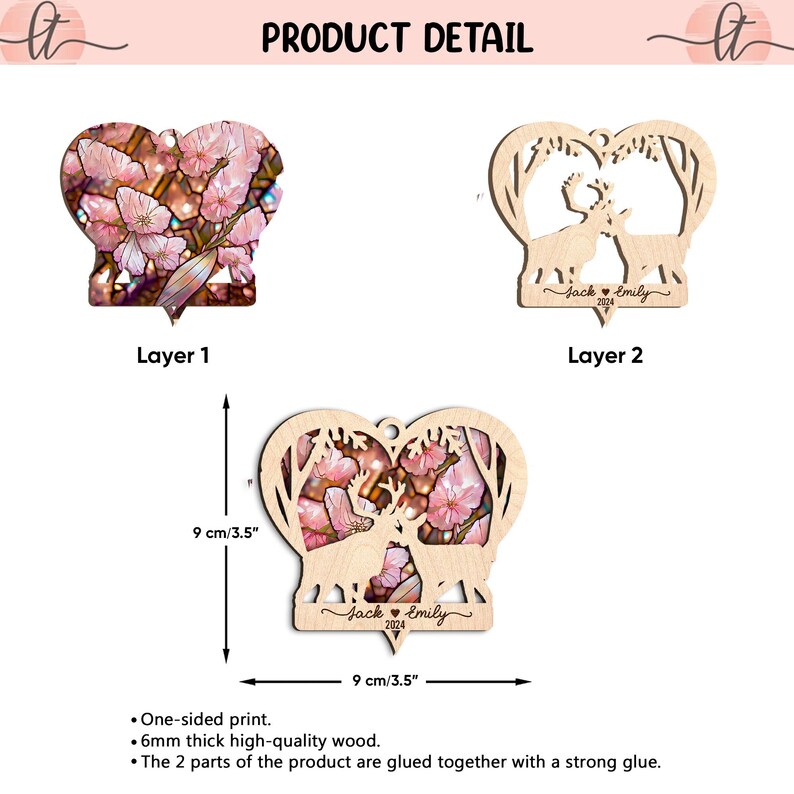 Personalized Deer Couple Layered Wood Ornament, Custom Couple Ornament