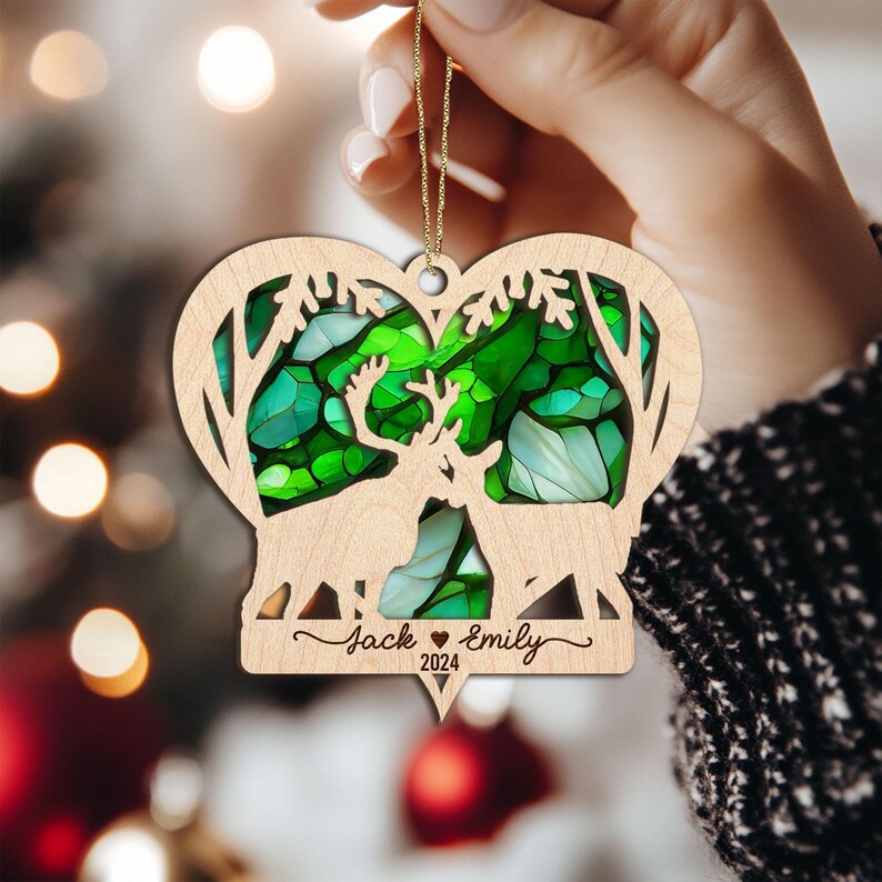 Personalized Deer Couple Layered Wood Ornament, Custom Couple Ornament
