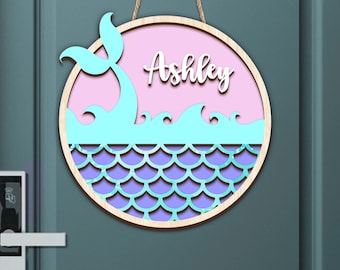 Personalized Mermaid Wooden Sign, Custom Name Wood Sign, Cute Mermaid Door Hanger, Under The Sea Sign, Gift for Daughter, Girl, Kids