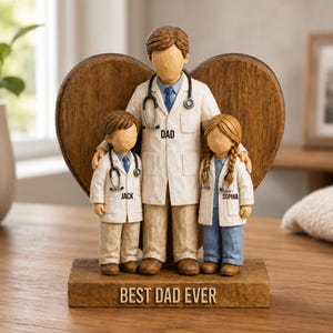 May include: A wooden figurine of a doctor with two children, all wearing white coats and stethoscopes. The figurine has a heart-shaped backdrop and a base that reads "BEST DAD EVER". The children's names, Jack and Sophia, are on their coats.