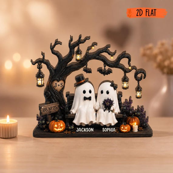 Personalized Ghost Couple Wooden Block, Custom Couple Gothic Wedding Wooden Sign, Halloween Ghost Couple Sign, Halloween Anniversary Gifts