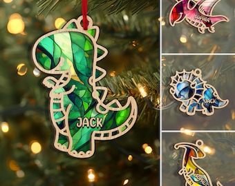 Personalized Dinosaur Layered Wood Ornament, Custom Dinosaur Christmas Tree Ornament, Dinosaur  Christmas Home Decor, Xmas Gift for Kids