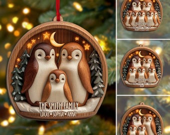 Personalized Penguin Family Layered Wood Ornament, Custom Penguin Christmas Tree Ornament, Penguin Christmas Home Decor, Gift for Family