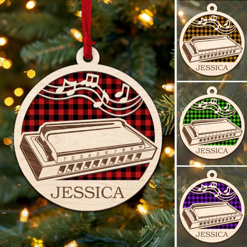 Personalized Harmonica Layered Wood Ornament, Custom Name Harmonica