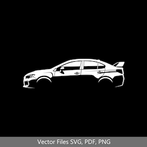 Peut inclure: Une silhouette blanche d'une voiture avec un aileron à l'arrière. La voiture est tournée vers la droite. L'image est sur un fond noir.