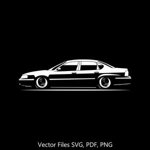 以下が含まれることがあります： 黒い背景に白いセダンのシルエット。車は画像の右側を向いています。画像の下部に「Vector Files SVG, PDF, PNG」というテキストがあります。